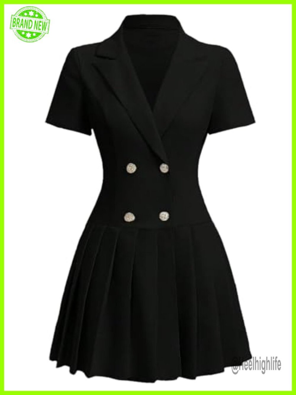 Double Breasted Blazer Dress Pleated Hem Gold Buttons Mini